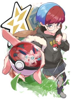 1girl animal_ears backpack bag ball black_hoodie blue_hair brown_bag character_backpack clenched_hand closed_mouth eevee eevee_tail fingernails gen_1_pokemon gen_6_pokemon glasses grass grey_eyes hand_on_own_chest highres holding holding_ball holding_poke_ball hood hoodie long_sleeves maato_tac multicolored_hair nintendo on_grass pantyhose penny_(pokemon) pointing poke_ball poke_ball_(basic) poke_ball_print poke_ball_symbol pokemon pokemon_(creature) pokemon_sv print_pantyhose red_hair round_eyewear see-through_clothes see-through_skirt short_hair shorts skirt star_(symbol) sylveon tail team_star two-tone_hair wind