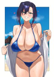Rule 34 | 1girl, absurdres, beach, bikini, blue hair, blue sky, blush, breasts, cleavage, commentary, day, hair ornament, hairclip, highres, huge breasts, looking at viewer, mm (yoromu), navel, ocean, open mouth, original, outdoors, sand, short hair, sky, smile, sweat, sweatdrop, swimsuit, symbol-only commentary, thighs, water, wet