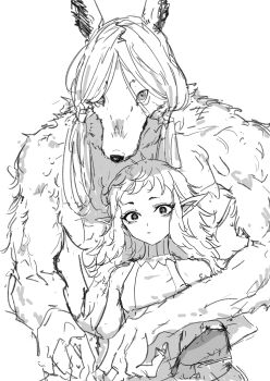 1boy 1girl absurdres dungeon_meshi elf fleki furry furry_male gorget greyscale highres hug hug_from_behind long_hair looking_at_viewer lycion monochrome nakamori_(1673409121) notched_ear pointy_ears simple_background tunic twintails werewolf white_background wolf_boy