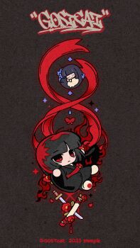 Rule 34 | 2girls, absurdres, araya (project moon), artist name, black background, black hair, black kimono, blue flower, blue streaks, commentary request, dated, flower, gostcat, highres, japanese clothes, kimono, limbus company, long hair, multiple girls, ootachi, project moon, red flower, red ribbon, red sash, ribbon, ryoshu (project moon), sash, sheath