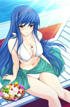 1girl absurdres beach_chair bikini black_hairband blue_hair breasts cherry cleavage cream food fruit green_sarong hairband highres ice_cream large_breasts looking_at_viewer navel official_art onigirikun pastel_chime pastel_chime_continue saika_s._falnese sarong sitting solo suggestive_fluid swimsuit yellow_eyes