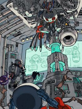 Rule 34 | analog boy02, andromon, arm blade, arm cannon, cable, claw (weapon), closed eyes, cyborg, digimon, digimon (creature), giromon, highres, indoors, mamemon, metalmamemon, red eyes, robot, sharp teeth, teeth, weapon