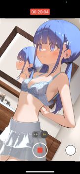 1girl absurdres adjusting_bra adjusting_clothes bare_arms bare_shoulders blue_eyes blush bra breasts closed_mouth dutch_angle fake_phone_screenshot fake_screenshot hair_ornament hayakawa_sena_(pei_iriya) hidden_camera highres indoors loli long_hair mirror navel no_shirt original paid_reward_available pei_iriya purple_hair recording reflection skirt small_breasts solo standing twintails underwear viewfinder white_bra white_skirt