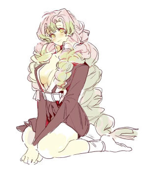 1girl belt black_jacket black_skirt blush braid breasts chaerenlover cleavage closed_mouth demon_slayer_uniform full_body green_eyes green_hair hair_between_eyes hair_over_shoulder highres jacket kanroji_mitsuri kimetsu_no_yaiba kneeling large_breasts long_hair mole mole_under_each_eye mole_under_eye multicolored_hair multiple_braids multiple_moles open_clothes open_jacket parted_bangs pink_hair plunging_neckline sketch skirt smile socks solo two-tone_hair v_arms white_background white_belt white_socks