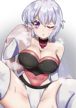 1girl absurdres armpit_crease blush breasts cleavage covered_navel grey_background hair_between_eyes highres holding holding_towel kotou192 large_breasts long_hair looking_at_viewer open_mouth purple_eyes senki_zesshou_symphogear simple_background solo spread_legs steaming_body sweat thighhighs towel undersuit white_hair white_thighhighs yukine_chris