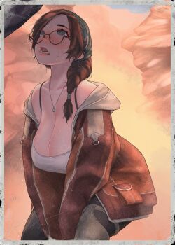 1girl absurdres alma_(monster_hunter_wilds) awestruck bandana bare_shoulders bent_back between_legs blush braid breasts brown_hair cleavage collarbone fake_photograph glasses green_bandana hand_between_legs highres hood hooded_jacket jacket jewelry jsz_ta2 large_breasts long_hair looking_up loose_hair_strand monster_hunter_(series) monster_hunter_wilds necklace nervous_sweating open_mouth round_eyewear scared shaking single_braid staring sweat wide-eyed