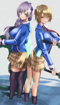 Rule 34 | 2girls, absurdres, back-to-back, brown hair, commentary request, dual wielding, from side, glasses, green hair, hair ornament, heaven burns red, highres, holding, holding sword, holding weapon, izumi yuki (heaven burns red), katagiri nanoka, kayamori ruka, long hair, multiple girls, partially submerged, purple hair, red eyes, school uniform, short hair, skirt, sword, thighhighs, water, weapon