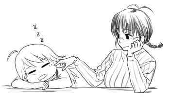 2girls =_= ahoge akizuki_ritsuko alternate_breast_size_(larger) antenna_hair b_suke braid breasts cheek_poking closed_eyes commentary_request drooling greyscale head_rest hoshii_miki idolmaster idolmaster_(classic) large_breasts monochrome multiple_girls poking ribbed_sweater sleeping sweater turtleneck turtleneck_sweater zzz