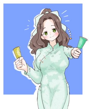 1girl aqua_bow aqua_dress blue_background blush border bow breasts brown_hair china_dress chinese_clothes closed_mouth cowboy_shot dress forehead green_eyes hair_bow highres holding large_breasts long_hair long_sleeves looking_at_viewer mitsuha-chan_(olto_rondo) object_request olto_rondo original outside_border smile solo tareme white_border