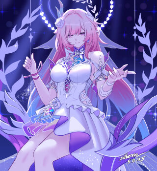 1girl armlet bare_shoulders breasts closed_mouth commentary cyrene_(honkai:_star_rail) cyrene_(ripples_of_past_reverie)_(honkai:_star_rail) dated dress english_commentary feet_out_of_frame flower gradient_hair hair_flower hair_ornament hand_up highres honkai:_star_rail honkai_(series) jewelry large_breasts looking_at_viewer multicolored_hair on_swing pink_eyes pink_hair pointy_ears purple_flower purple_rose rose sidelocks signature silberein smile solo swing white_dress