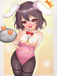 Rule 34 | 1girl, ^^^, alternate costume, animal ears, black hair, black pantyhose, blush, bow, bowtie, carrot necklace, collar, commentary request, covered navel, cowboy shot, cup, detached collar, drinking glass, fang, floppy ears, highres, holding, holding tray, inaba tewi, jewelry, kasoka soka, leotard, looking at viewer, medium bangs, necklace, nipples, nose blush, open mouth, pantyhose, pink leotard, playboy bunny, rabbit ears, rabbit girl, red bow, red bowtie, red eyes, short hair, skin fang, smile, solo, strapless, strapless leotard, touhou, tray, wardrobe malfunction, white collar, wine glass, yellow background