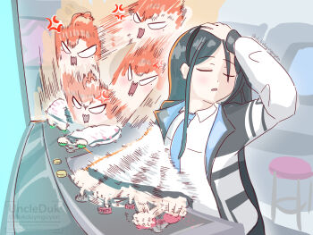 2girls anger_vein arcade arcade_cabinet aris_(blue_archive) blue_archive closed_eyes controller halo hand_on_own_head hashtag-only_commentary highres joystick jujutsu_kaisen meme mole mole_under_eye multiple_girls naoya_hitting_choso_without_looking_(meme) neru_(blue_archive) rapid_punches school_uniform smear_frame uncleduk