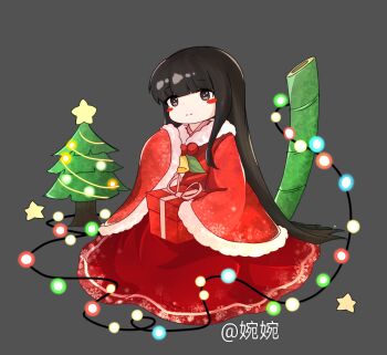 Rule 34 | 1girl, alternate costume, bamboo, blush stickers, box, brown eyes, brown hair, chinese commentary, christmas, christmas tree, closed mouth, commentary request, deformed, full body, fur-trimmed sleeves, fur trim, gift, gift box, grey background, highres, houraisan kaguya, long hair, long sleeves, looking at viewer, red shirt, red skirt, santa costume, shirt, simple background, sitting, skirt, smile, snowflake print, solo, star (symbol), string of light bulbs, touhou, very long hair, wide sleeves, wu yu wanwan