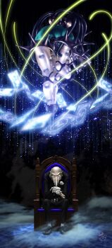 1999 1boy absurdres bald card chair dated fog formal_clothes gloves grin highres hunchback igor_(persona) kazuma_kaneko long_nose male_focus official_art own_hands_together persona persona_(summon) persona_2 persona_2_tsumi scan shiraishi_megumi_(colorist) signature sitting smile suit tarot third-party_source velvet_room vulcanus_(persona_2) white_gloves