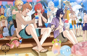 6+boys alhaitham_(genshin_impact) arataki_itto asha_(genshin_impact) baizhu_(genshin_impact) bare_pectorals beach black_hair black_shirt black_swim_trunks blonde_hair blue_eyes blue_hair blue_shirt blue_sky blue_swim_trunks brown_hair brown_shirt brown_swim_trunks cacucu_(genshin_impact) cloud cloudy_sky cup dainsleif_(genshin_impact) diluc_(genshin_impact) drinking drinking_glass drinking_straw food genshin_impact green_eyes green_hair green_shirt grey_hair heterochromia highres hiki_yuichi holding holding_cup ifa_(genshin_impact) jewelry kaeya_(genshin_impact) kamisato_ayato kaveh_(genshin_impact) light_rays long_hair male_swimwear multiple_boys necklace neuvillette_(genshin_impact) ocean open_clothes open_shirt orange_hair ororon_(genshin_impact) outdoors pectorals ponytail purple_eyes purple_shirt red_eyes red_hair red_shirt sand shaved_ice shirt short_hair sky sunlight swim_trunks tartaglia_(genshin_impact) thoma_(genshin_impact) topless_male watermark white_hair white_shirt wriothesley_(genshin_impact) yellow_shirt zhongli_(genshin_impact)