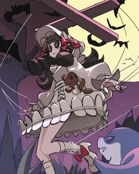 1girl black_hair breasts commentary dress hat highres jeff_(marvel) marvel marvel_rivals misono_(misono_ttt) moon official_alternate_costume peni_parker ribbon shark small_breasts spider-man_(series) spider-verse string