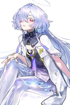 1girl absurdres badge breasts colored_eyelashes commentary_request crystal_shards dress earrings gradient_clothes gradient_dress hair_ornament hair_over_one_eye halo highres jacket jewelry looking_at_viewer mornye_(wuthering_waves) multiple_rings okoge_(koge_chan) parted_lips prosthesis prosthetic_leg purple_dress red_eyes ring sitting small_breasts solo tacet_mark_(wuthering_waves) triangle_earrings white_halo white_jacket wuthering_waves