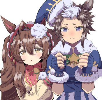 2girls :&lt; ahoge animal_ears blue_capelet blue_dress blue_gloves blue_hat bow breasts brown_eyes brown_hair brown_sweater capelet cleavage clenched_hands closed_mouth commentary_request dress fingerless_gloves fur-trimmed_capelet fur-trimmed_gloves fur-trimmed_headwear fur_trim gloves hair_between_eyes hands_up hat highres horse_ears large_breasts long_hair long_sleeves mejiro_bright_(starry_snow_lolita)_(umamusume) mejiro_bright_(umamusume) mejiro_ryan_(choose_choose_and_put_your_thoughts_into_it)_(umamusume) mejiro_ryan_(umamusume) multicolored_hair multiple_girls parted_lips puffy_long_sleeves puffy_sleeves purple_eyes red_bow short_eyebrows simple_background star_(symbol) sweater takobutter thick_eyebrows tilted_headwear triangle_mouth twintails two-tone_hair umamusume very_long_hair white_background white_hair