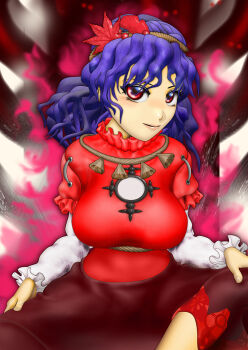 1girl aura blue_hair blush breasts hand_on_own_knee kams large_breasts leaf lips looking_at_viewer maple_leaf maple_leaf_hair_ornament mirror nose_blush red_eyes red_shirt red_skirt rope shimenawa shirt sitting skirt touhou white_shirt yasaka_kanako