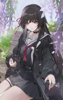 1girl absurdres arm_cutout black_cat black_choker black_jacket black_serafuku black_shirt black_skirt breasts cat chisa_(wuthering_waves) choker clothing_cutout commentary fingernails hair_ribbon highres jacket large_breasts long_hair long_sleeves looking_at_viewer megu_(jim48834420) mole mole_under_eye on_bench parted_lips red_eyes red_ribbon ribbon sailor_collar school_uniform serafuku shirt sitting skirt solo thigh_strap thighs white_sailor_collar wuthering_waves