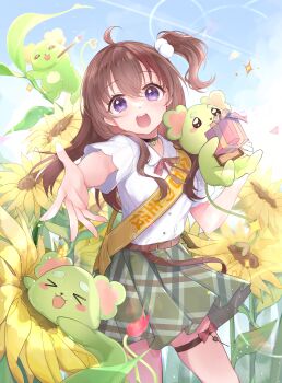 1girl absurdres ahoge animal belt black_choker blue_sky brown_belt brown_hair choker commentary_request commission flower green_skirt highres indie_virtual_youtuber long_hair looking_at_viewer nagisa_(vtuber) open_mouth plaid_clothes plaid_skirt purple_eyes reaching reaching_towards_viewer red666 sash second-party_source shirt short_sleeves side_ponytail skirt sky smile solo sunflower sunlight virtual_youtuber white_shirt yellow_flower yellow_sash