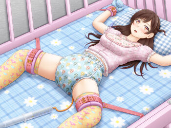 Rule 34 | 1girl, adult baby, arms up, bib, blue bow, blue mittens, blush, bow, brown eyes, brown hair, crib, diaper, feet out of frame, female focus, frilled shirt, frills, from above, god hand mar, highres, implied enema, kanojo okarishimasu, kneehighs, looking at viewer, lying, midriff peek, mittens, mizuhara chizuru, on back, orange socks, pink shirt, print clothes, print diaper, print shirt, print socks, print underwear, restrained, shirt, skindentation, socks, syringe, thigh strap, vehicle print, wrist straps