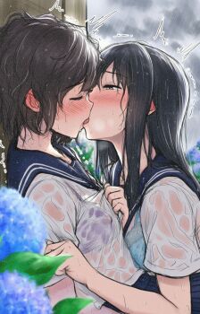 2girls absurdres black_hair blue_bra blush bra breasts cloud cloudy_sky female_focus flower french_kiss highres hydrangea kiss long_hair multiple_girls nipples original outdoors purple_bra rain sakuramochi_koubou school_uniform see-through_bra see-through_clothes see-through_shirt serafuku shirt short_hair skirt sky small_breasts tongue trembling underwear wet wet_clothes wet_hair wet_shirt yuri