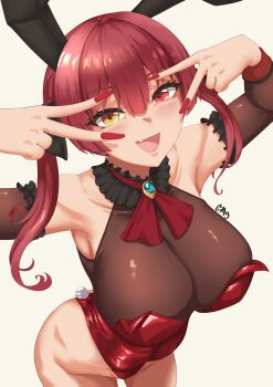 1girl absurdres alternate_costume animal_ears ascot ass bare_shoulders bilingual_commentary black_choker blush breasts brooch choker cleavage collarbone commentary detached_collar detached_sleeves double_v english_commentary fake_animal_ears fang frilled_choker frills hand_up heterochromia highleg highleg_leotard highres hololive houshou_marine jewelry large_breasts leotard leotard_under_clothes looking_at_viewer mixed-language_commentary nail_polish open_mouth pagongznoterte playboy_bunny rabbit_ears rabbit_tail red_ascot red_eyes red_hair red_leotard red_nails ribbon see-through_clothes see-through_leotard signature skin_fang smile solo tail twintails v v_over_eye virtual_youtuber yellow_eyes