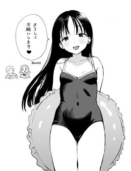 1boy 2girls :d absurdres anno_mike arms_behind_back blush breasts chibi collarbone covered_navel dot_nose highres looking_at_viewer multiple_girls open_mouth original school_swimsuit simple_background small_breasts smile speech_bubble standing straight_hair swim_ring swimsuit thighs translation_request white_background