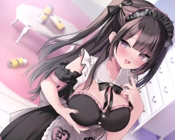 1girl apron black_hair blush breast_hold breasts brown_hair can cleavage detached_sleeves dress drink fingernails grabbing_own_breast headdress large_breasts long_hair maid maid_headdress masayo_(gin_no_ame) open_mouth original pointing pointing_at_self purple_eyes ribbon sharp_fingernails smile table