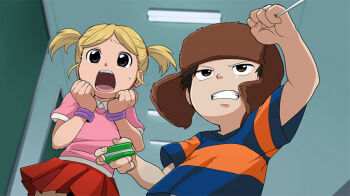 1boy 1girl black_eyes black_hair blonde_hair bracelet brown_eyes clenched_hands clenched_teeth codename:_kids_next_door commentary_request duplicate earrings from_below jewelry lee_(knd) open_mouth parted_lips pixel-perfect_duplicate short_twintails skirt sonya_(knd) sweatdrop t_k_g teeth twintails yo-yo