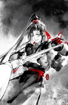 Rule 34 | 2boys, alcohol, bichen sword, black hair, black hanfu, chinese clothes, chinese commentary, faux traditional media, fighting, greyscale, grin, hair ribbon, hanfu, high ponytail, highres, holding, holding jug, holding sword, holding weapon, huashengdoufu, implied yaoi, ink wash painting, jian (weapon), jug (bottle), lan wangji, long hair, long sleeves, looking at another, looking at viewer, male focus, modao zushi, monochrome, motion blur, multiple boys, out of frame, ponytail, pov, pov hands, red ribbon, red sash, ribbon, robe, sash, seal impression, sidelocks, smile, solo, solo focus, spot color, sword, weapon, wei wuxian, white hanfu, wide sleeves