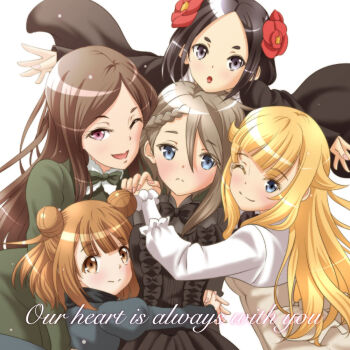 Rule 34 | 5girls, ange (princess principal), beatrice (princess principal), black bow, black dress, black eyes, black hair, blonde hair, blue eyes, blush, bow, braid, brown hair, chestnut mouth, dorothy (princess principal), double bun, dress, english text, flower, frown, green dress, hair flower, hair ornament, holding hands, hug, juliet sleeves, long sleeves, looking at viewer, multiple girls, one eye closed, princess (princess principal), princess principal, puffy sleeves, purple eyes, short hair, simple background, smile, taniguchi gou, toudou chise, white background