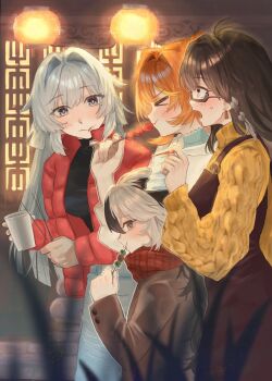 Rule 34 | > <, 4girls, :t, aran sweater, black shirt, blurry, blurry foreground, blush, breasts, brown-framed eyewear, brown dress, brown eyes, brown hair, brown jacket, cable knit, closed eyes, closed mouth, commentary request, coralie 6626 planck, cup, depth of field, down jacket, dress, duoyun de tiankong, eating, entropy (honkai impact 3rd), erdos helia, female dreamseeker (honkai impact), food, glasses, grey eyes, grey hair, hair between eyes, hair intakes, highres, holding, holding cup, holding food, honkai (series), honkai impact 3rd, jacket, lantern, leylah (honkai impact), long hair, long sleeves, medium breasts, multiple girls, open clothes, open jacket, open mouth, paper lantern, profile, puffy long sleeves, puffy sleeves, red jacket, red scarf, scarf, semi-rimless eyewear, senadina, shirt, sleeveless, sleeveless dress, small sweatdrop, sweat, sweater, turtleneck, turtleneck sweater, under-rim eyewear, very long hair, white jacket, yellow sweater