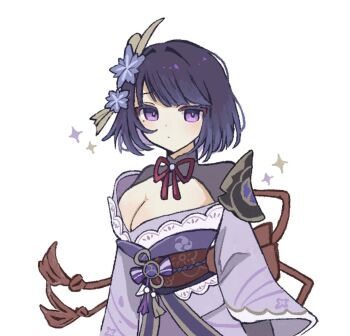 1girl alternate_hair_length alternate_hairstyle armor breasts cleavage closed_mouth commentary genshin_impact hair_ornament japanese_clothes kimono large_breasts looking_at_viewer obi purple_eyes purple_hair purple_kimono raiden_shogun sash short_hair shoulder_armor simple_background solo symbol-only_commentary tori26 upper_body white_background