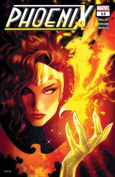 Rule 34 | 1girl, absurdres, bird, character name, comic cover, company name, copyright logo, copyright name, cover, cover page, english text, fire, forehead protector, gloves, grey eyes, highres, jean grey, logo, long hair, looking up, lukas werneck, marvel, official art, phoenix, phoenix (x-men), pyrokinesis, red hair, red lips, signature, solo, sparkle, upper body, western comics (style), x-men, yellow gloves