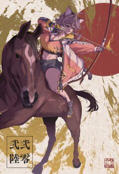 1girl absurdres animal_ear_fluff animal_ears arrow_(projectile) black_shorts bow_(weapon) breasts brown_hair cat_ears cat_girl cat_tail cleavage commentary_request gloves hair_between_eyes highres holding holding_bow_(weapon) holding_weapon horse horseback_riding large_breasts looking_to_the_side midriff navel nengajou new_year original red_eyes riding short_hair shorts solo tail weapon yagatake_arashi_(nekoarashi) yana_(nekoarashi)