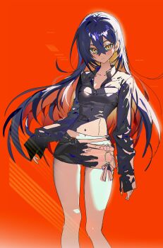 1girl 5oh5s2 absurdres black_hair black_shirt black_shorts blush breasts carmine_(pokemon) closed_mouth collarbone colored_inner_hair crossed_bangs hair_between_eyes highres long_hair long_sleeves looking_at_viewer mole mole_under_eye multicolored_hair nintendo pokemon pokemon_sv red_background red_hair shirt shorts small_breasts two-tone_hair yellow_eyes