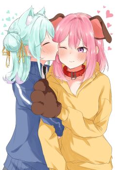 Rule 34 | 2girls, amaori renako, animal ears, animal hands, blue jacket, blush, cat ears, closed eyes, closed mouth, collar, commentary request, dog ears, gloves, hair bun, heart, highres, hood, hoodie, jacket, kemonomimi mode, koyanagi kaho, licking, licking another&#039;s cheek, licking another&#039;s face, medium hair, multiple girls, nuooooodoomo, paw gloves, pink hair, purple eyes, simple background, single side bun, track jacket, upper body, watashi ga koibito ni nareru wake naijan murimuri!, white background, yellow hoodie, yuri