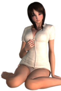 1girl 3d bad_id bad_pixiv_id barefoot breasts brown_eyes brown_hair cleavage female_focus hinemaru panties solo underwear zipper