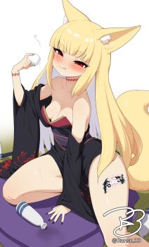 Rule 34 | 1girl, :q, alcohol, animal ears, bare shoulders, black kimono, blonde hair, blush, breasts, commentary request, commission, drunk, fox ears, fox girl, fox tail, highres, japanese clothes, kimono, long hair, looking at viewer, original, ransusan, red eyes, sake, skeb commission, small breasts, smile, solo, tail, tongue, tongue out, very long hair