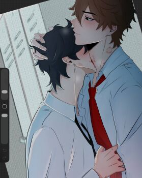 Rule 34 | 2boys, adam's apple, alternate costume, art program in frame, bite mark, bite mark on neck, biting, black hair, black necktie, brown hair, closed mouth, collared shirt, genshin impact, hashtag-only commentary, highres, male focus, multiple boys, neck biting, necktie, nemeziiida, parted lips, red necktie, scaramouche (genshin impact), shirt, short hair, tartaglia (genshin impact), teeth, white shirt, yaoi