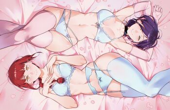 2girls black_choker bra breasts cesar_art456 chainsaw_man choker closed_mouth collarbone elbow_gloves from_above gloves green_eyes groin hair_over_one_eye highres large_breasts looking_at_viewer lying makima_(chainsaw_man) multiple_girls navel on_back on_bed panties pink_gloves pink_thighhighs purple_eyes red_hair reze_(chainsaw_man) smile thighhighs thighs underwear white_bra white_panties white_thighhighs yellow_eyes