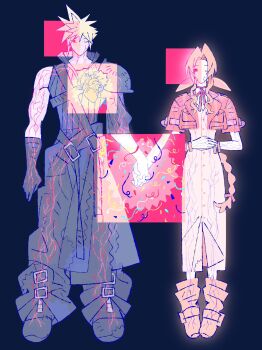 1boy 1girl aerith_gainsborough armor baggy_pants bangle black_background black_boots black_cape black_gloves black_pantyhose black_vest blonde_hair boots bracelet braid braided_ponytail brown_boots brown_hair buttons cape center_opening chest_strap choker closed_eyes cloud_strife couple cropped_jacket dress final_fantasy final_fantasy_vii final_fantasy_vii:_advent_children full_body gloves hair_between_eyes hair_ribbon heart_(organ) hetero highres holding_hands jacket jaysoysaucee jewelry long_dress long_hair one_eye_closed own_hands_together pants pantyhose parted_bangs pauldrons pink_dress pink_ribbon popped_collar red_jacket ribbon ribbon_choker short_hair short_sleeves shoulder_armor sidelocks single_bare_shoulder single_braid single_pauldron spiked_hair streamers veins vest waist_cape