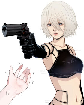 Rule 34 | 1girl, a2 (nier:automata), black boots, black gloves, black shirt, blue eyes, boots, crop top, elbow gloves, gloves, grey hair, hair between eyes, high heel boots, high heels, highres, invisible chair, legs, long hair, looking at viewer, mitsuki nite, mole, mole under mouth, nier:automata, nier (series), parted lips, shirt, simple background, single glove, sitting, solo, thighs, twitter username, very long hair, white background