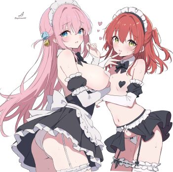 2girls absurdres alternate_costume ass blue_eyes bocchi_the_rock! breasts enmaided gotoh_hitori hashtag-only_commentary heart_pasties highres kita_ikuyo large_breasts long_hair looking_at_viewer maid maid_headdress minusk9 multiple_girls panties pasties pink_hair red_hair simple_background small_breasts underwear white_background white_panties