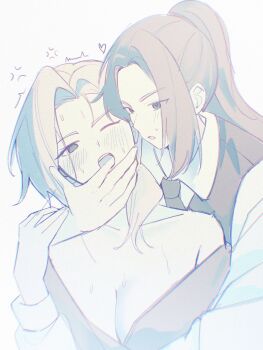 1boy 1girl awsj7858 bare_shoulders black_hair black_necktie black_vest blush breasts cleavage collared_shirt commentary_request finger_in_another's_mouth grey_hair heart highres long_sleeves luo_xiaohei_zhanji luye_(the_legend_of_luoxiaohei) necktie one_eye_closed ponytail shirt sweat vest white_background white_shirt wuxian_(the_legend_of_luo_xiaohei)