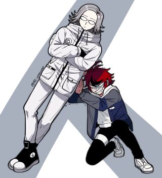 2boys ahoge angry aotsuki_eito black_gloves black_pants black_shoes black_streaks blue_jacket clenched_teeth commentary_request crossed_ankles crossed_arms expressionless furukawa_(yomawari) glasses gloves grey_background grey_hair grey_jacket highres hood hoodie jacket jacket_over_hoodie kanji_joke leaning_on_person leaning_to_the_side male_focus multicolored_hair multicolored_jacket multiple_boys open_clothes open_jacket pants red_hair shaded_face shoes short_hair simple_background sleeve_pouch squatting streaked_hair sumino_takumi sweat teeth the_hundred_line_-last_defense_academy- trembling twitter_username two-tone_jacket white_background white_hoodie white_jacket white_pants white_shoes