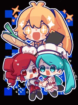 +_+ 3girls akita_neru antenna_hair apron baguette black_background blonde_hair blue_background blue_eyes blue_hair blush bread chef_hat chibi chibi_only collared_shirt crying crying_with_eyes_open drill_hair flying_sweatdrops food fork full_body grey_shirt hat hatsune_miku highres holding holding_hands holding_menu kasane_teto menu mini_hat moochaakaka multiple_girls obsolete_meat_(vocaloid) open_mouth panties pants red_apron red_eyes red_hair shirt side_ponytail sleeveless solid_circle_eyes solid_oval_eyes spring_onion sweat tears twin_drills twintails underwear utau vocaloid waist_apron white_hat white_panties white_shirt wing_collar yellow_eyes yellow_trim