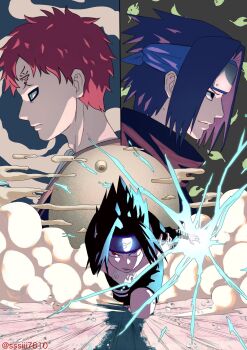 2boys black_eyes blue_eyes blue_hair chidori_(naruto) electricity facial_mark forehead_mark forehead_protector gaara_(naruto) highres incoming_attack leaf male_focus multiple_boys naruto_(classic) naruto_(series) red_eyes running sand sharing short_hair sssiii7610 uchiha_sasuke